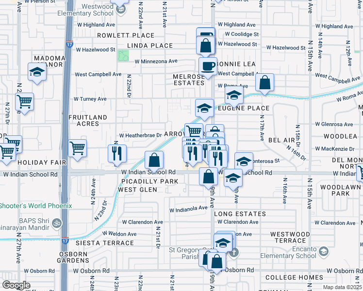 map of restaurants, bars, coffee shops, grocery stores, and more near 4202 North 20th Avenue in Phoenix