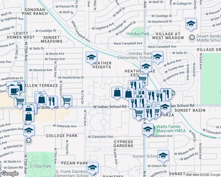 map of restaurants, bars, coffee shops, grocery stores, and more near 6901 West Devonshire Avenue in Phoenix
