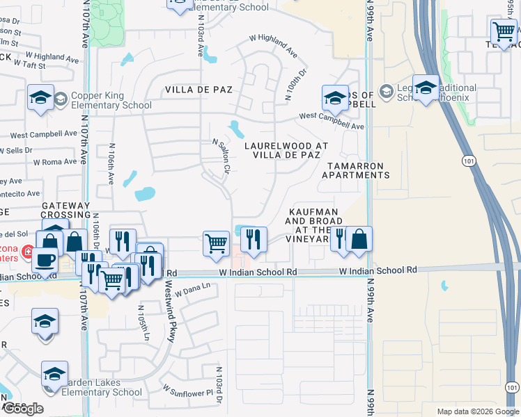 map of restaurants, bars, coffee shops, grocery stores, and more near 4227 North 101st Avenue in Phoenix