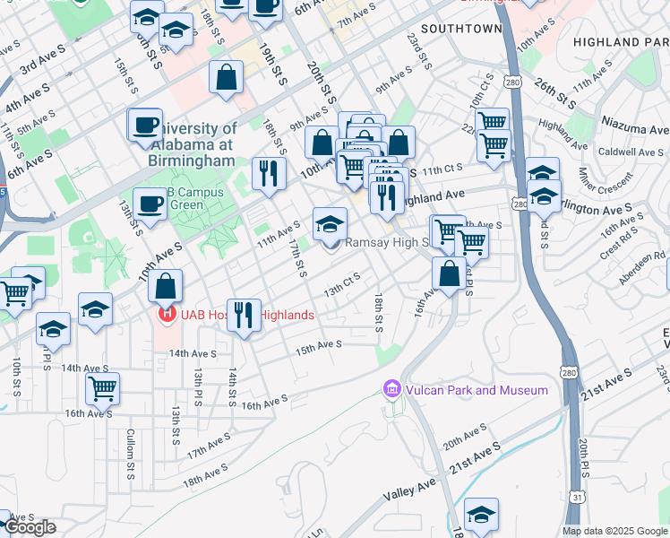 map of restaurants, bars, coffee shops, grocery stores, and more near 1705 13th Avenue South in Birmingham