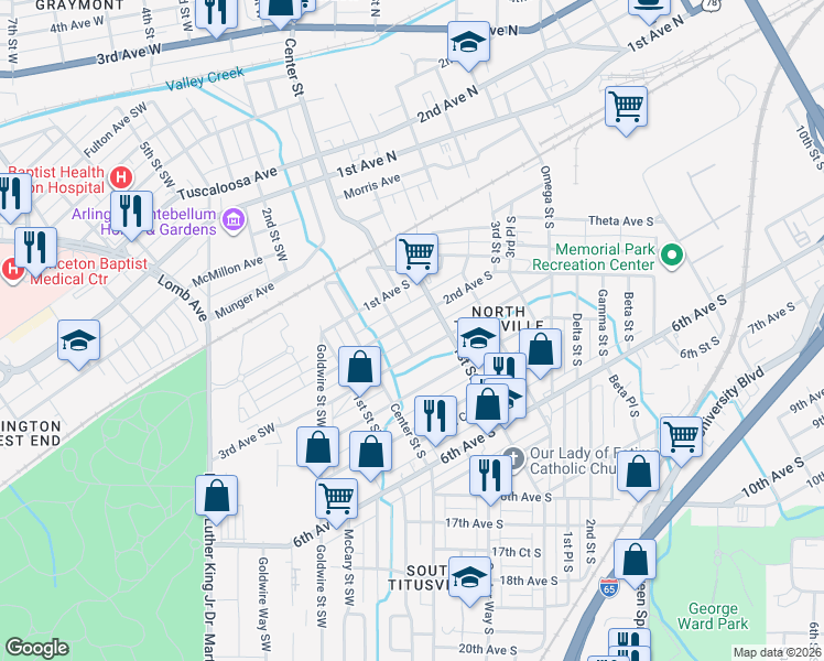 map of restaurants, bars, coffee shops, grocery stores, and more near 32 3rd Avenue South in Birmingham