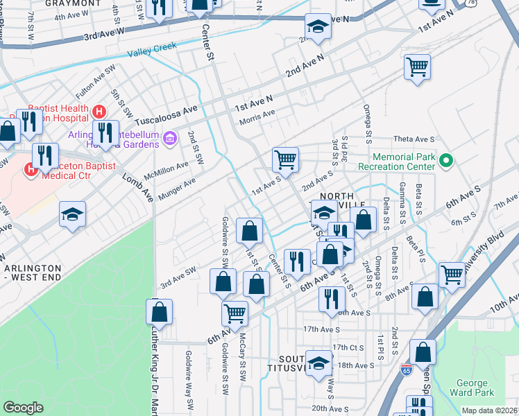 map of restaurants, bars, coffee shops, grocery stores, and more near 1 2nd Avenue South in Birmingham
