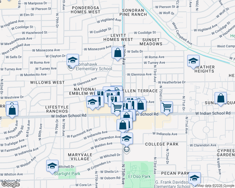 map of restaurants, bars, coffee shops, grocery stores, and more near 7505 West Devonshire Avenue in Phoenix