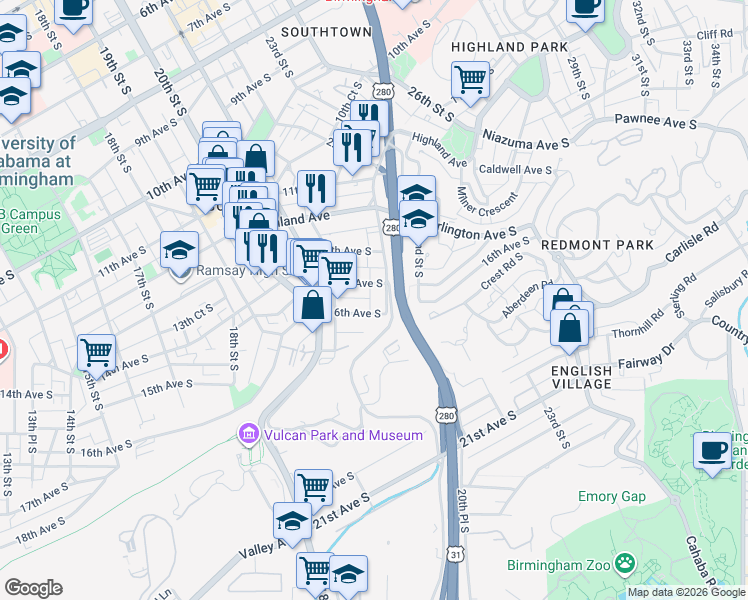 map of restaurants, bars, coffee shops, grocery stores, and more near 2152 16th Avenue South in Birmingham
