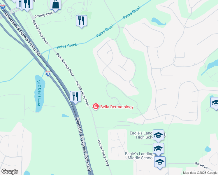 map of restaurants, bars, coffee shops, grocery stores, and more near 202 Montrose Drive in McDonough