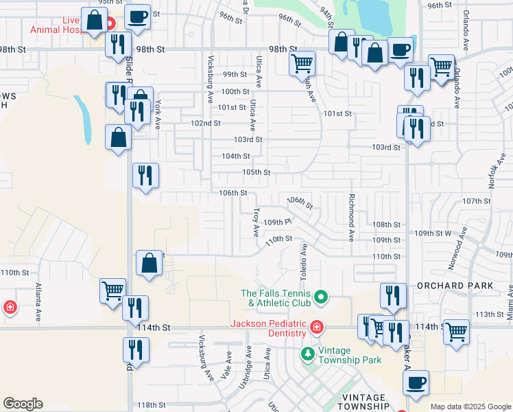 map of restaurants, bars, coffee shops, grocery stores, and more near 5502 109th Street in Lubbock