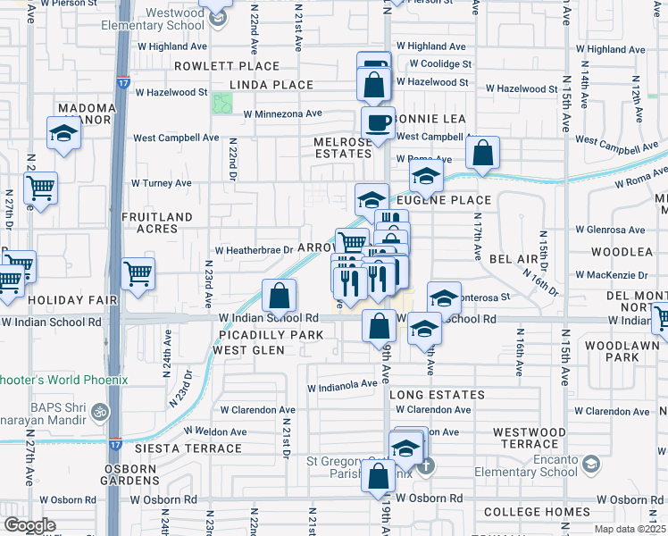 map of restaurants, bars, coffee shops, grocery stores, and more near 4202 North 20th Avenue in Phoenix