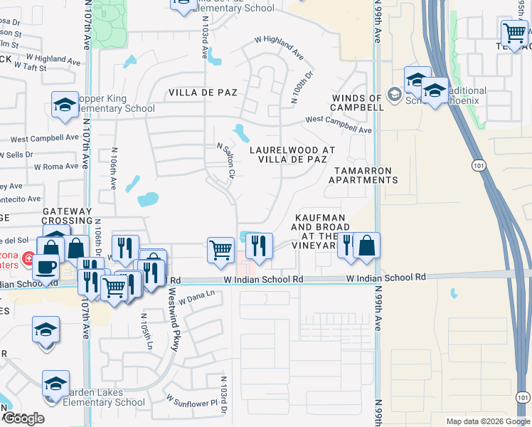 map of restaurants, bars, coffee shops, grocery stores, and more near 9851 West Glenrosa Avenue in Phoenix