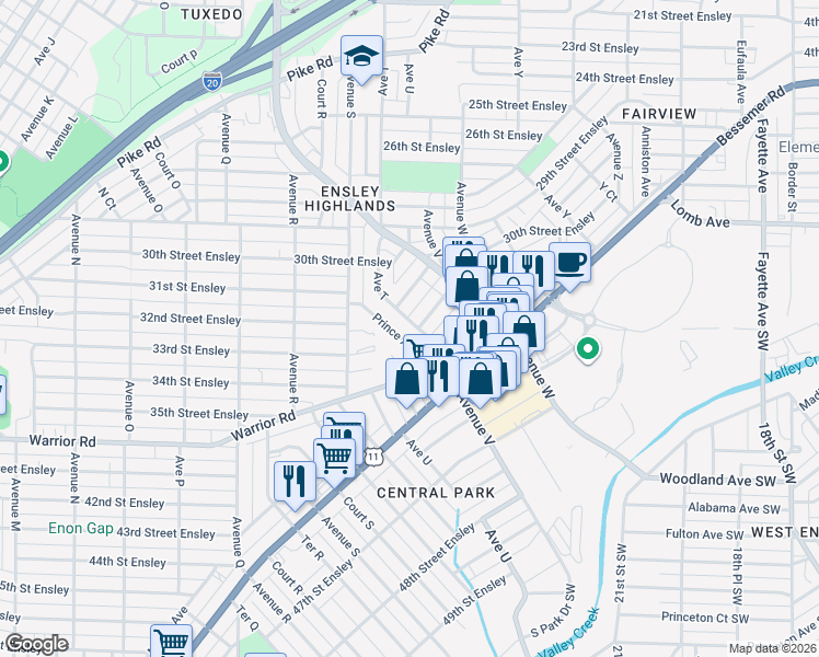map of restaurants, bars, coffee shops, grocery stores, and more near 3072 Avenue T in Birmingham
