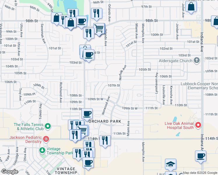 map of restaurants, bars, coffee shops, grocery stores, and more near 10806 Norwood Avenue in Lubbock