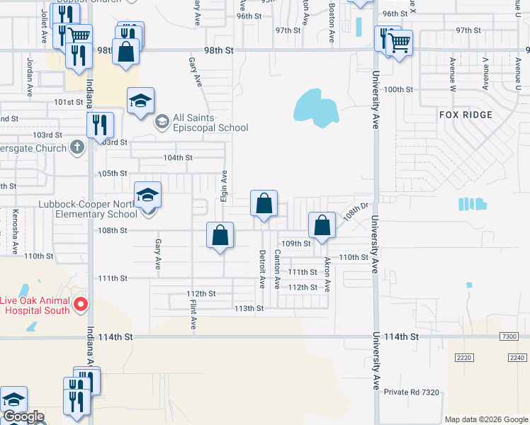 map of restaurants, bars, coffee shops, grocery stores, and more near 10610 Detroit Avenue in Lubbock