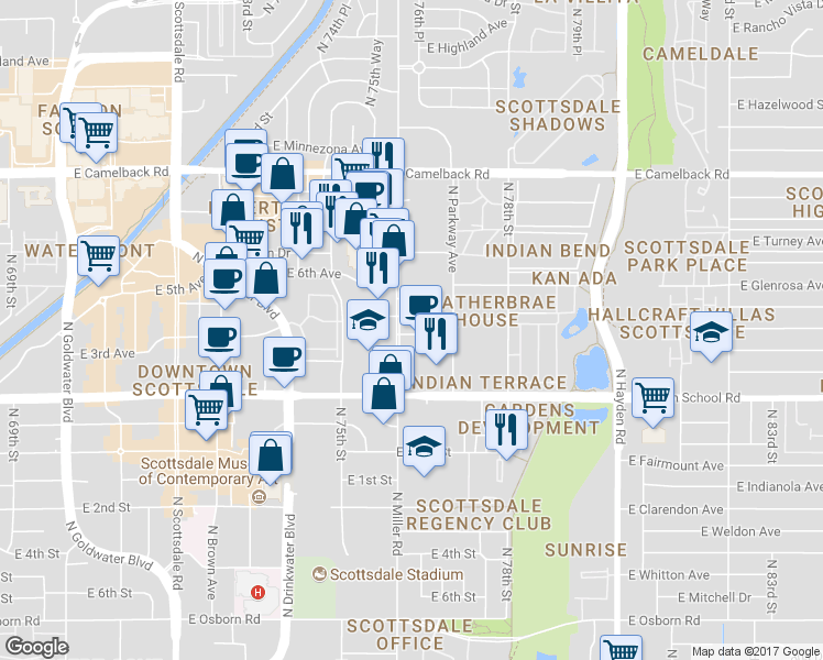 map of restaurants, bars, coffee shops, grocery stores, and more near 7620 North Miller Road in Scottsdale