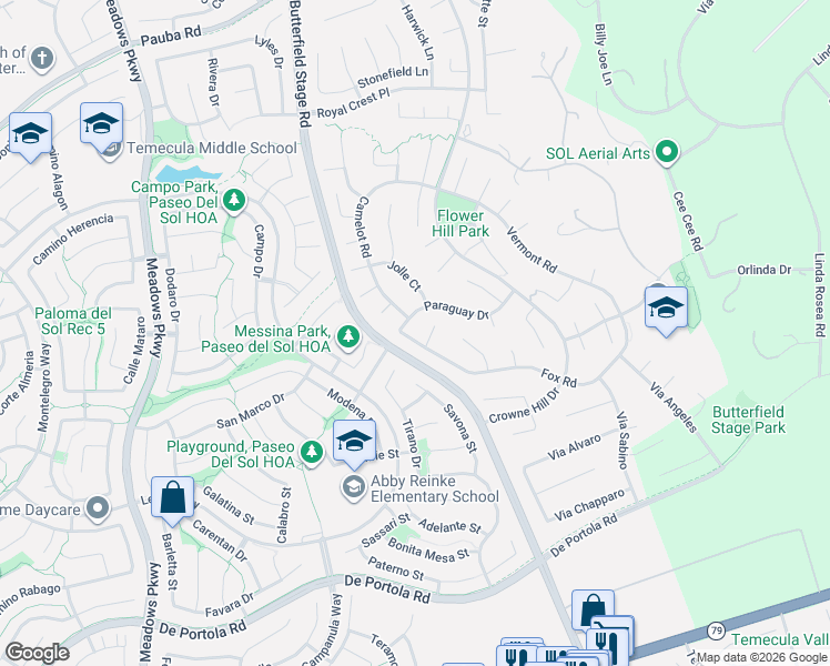 map of restaurants, bars, coffee shops, grocery stores, and more near 33067 Fox Road in Temecula