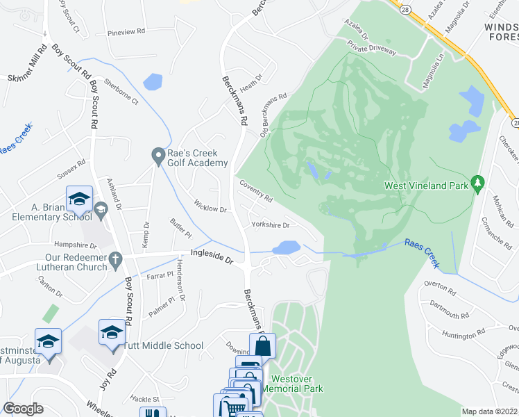 map of restaurants, bars, coffee shops, grocery stores, and more near 2612 Berkshire Road in Augusta