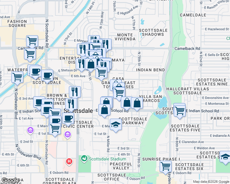 map of restaurants, bars, coffee shops, grocery stores, and more near 7620 North Miller Road in Scottsdale