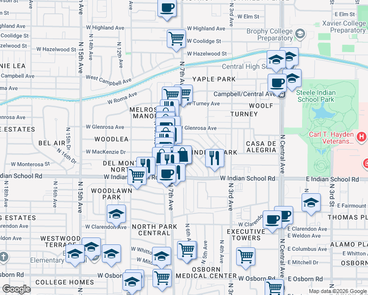 map of restaurants, bars, coffee shops, grocery stores, and more near 4135 North 7th Avenue in Phoenix