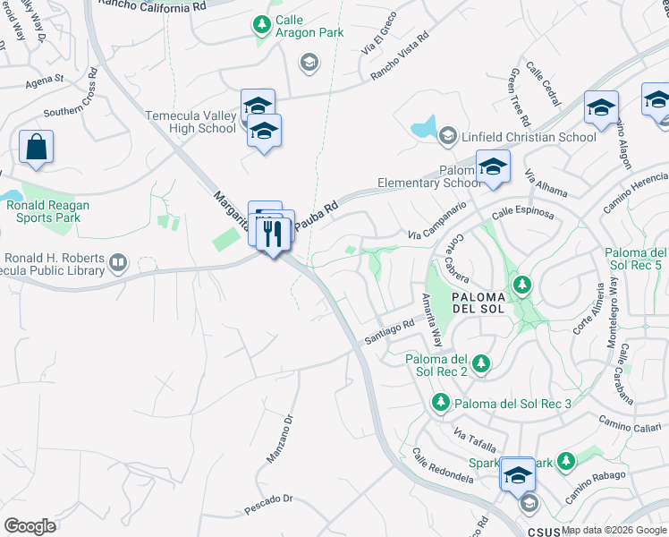 map of restaurants, bars, coffee shops, grocery stores, and more near 43133 Corte Montilla in Temecula