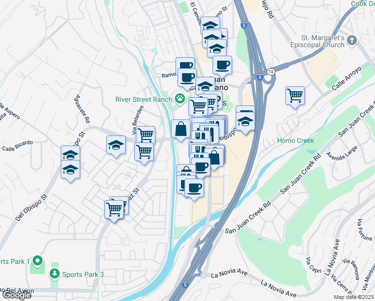 map of restaurants, bars, coffee shops, grocery stores, and more near 31920 Del Obispo Street in San Juan Capistrano