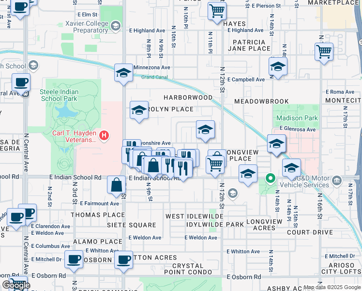 map of restaurants, bars, coffee shops, grocery stores, and more near 4201 North 10th Street in Phoenix