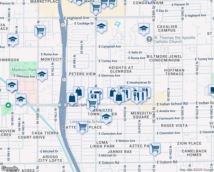 map of restaurants, bars, coffee shops, grocery stores, and more near 4144 North 21st Street in Phoenix