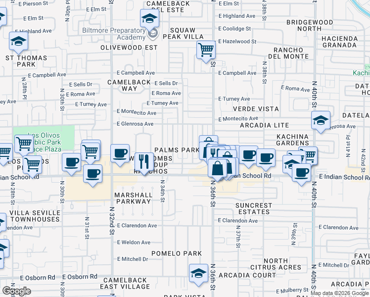 map of restaurants, bars, coffee shops, grocery stores, and more near 4201 North 35th Street in Phoenix