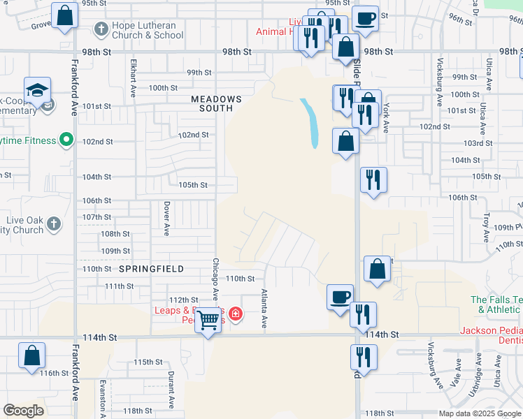 map of restaurants, bars, coffee shops, grocery stores, and more near 11006 Slide Road in Lubbock