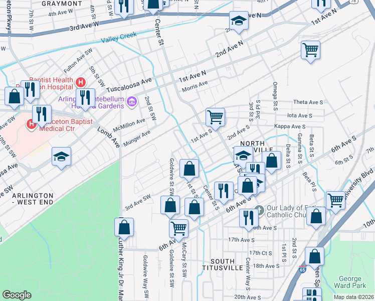 map of restaurants, bars, coffee shops, grocery stores, and more near 111 Center Street South in Birmingham