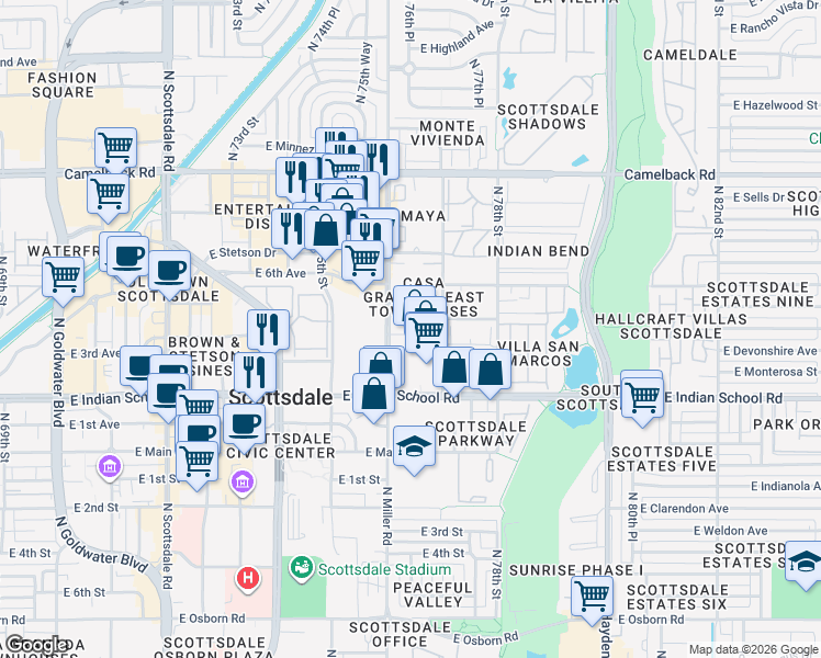 map of restaurants, bars, coffee shops, grocery stores, and more near 7620 North Miller Road in Scottsdale