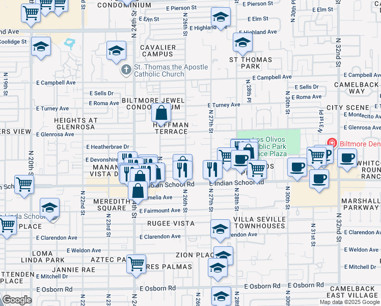 map of restaurants, bars, coffee shops, grocery stores, and more near 2545 East Devonshire Avenue in Phoenix