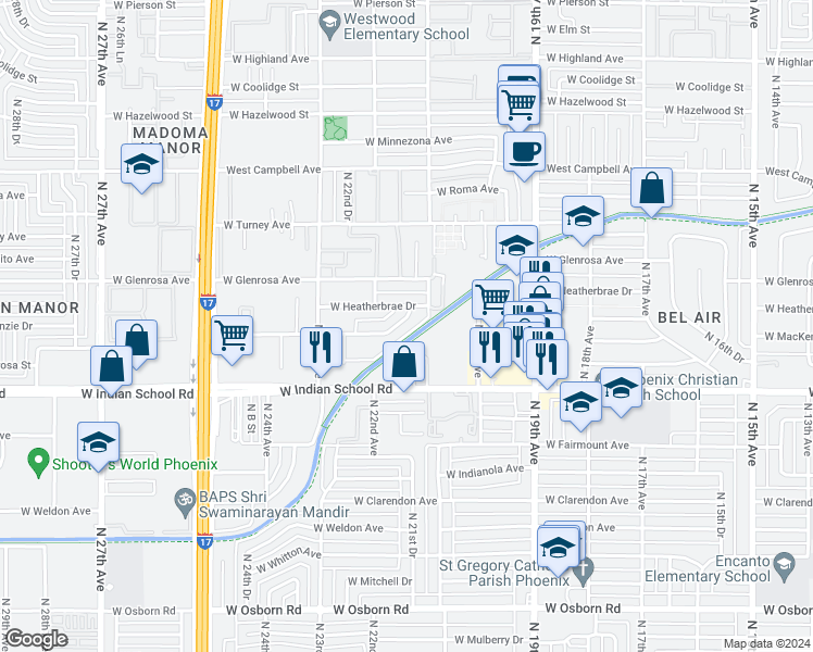 map of restaurants, bars, coffee shops, grocery stores, and more near 2139 West Devonshire Avenue in Phoenix