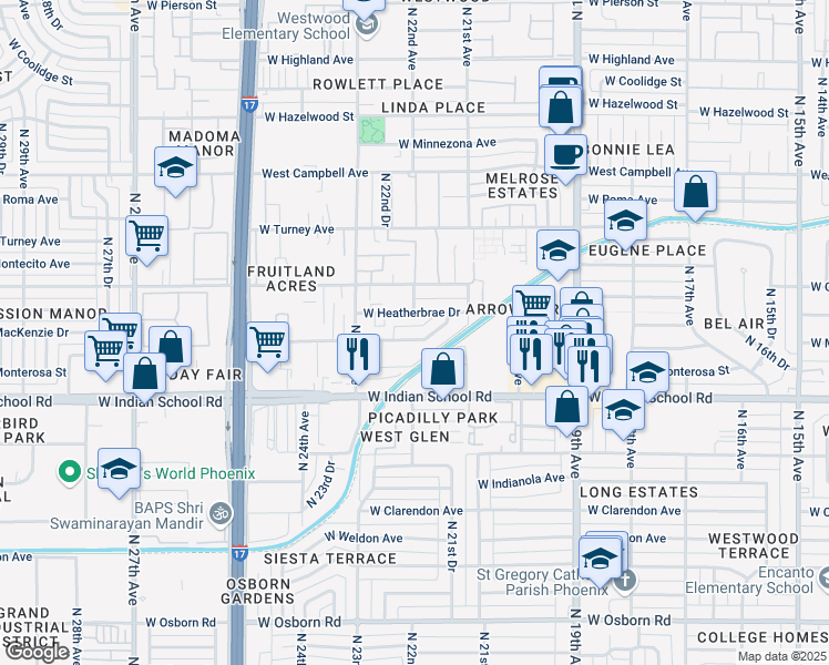 map of restaurants, bars, coffee shops, grocery stores, and more near 2139 West Devonshire Avenue in Phoenix