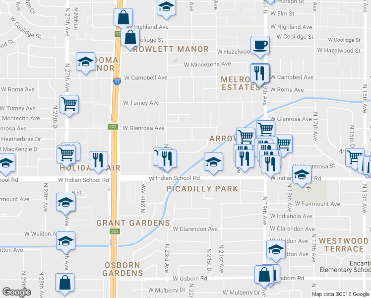 map of restaurants, bars, coffee shops, grocery stores, and more near 2231 West Devonshire Avenue in Phoenix