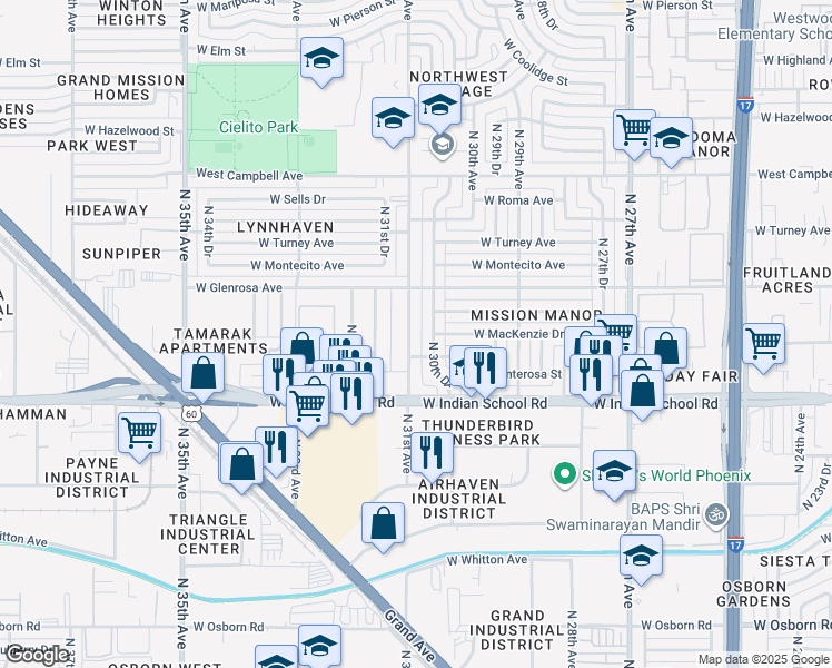 map of restaurants, bars, coffee shops, grocery stores, and more near 4202 North 30th Drive in Phoenix