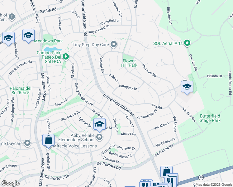 map of restaurants, bars, coffee shops, grocery stores, and more near 33067 Fox Road in Temecula