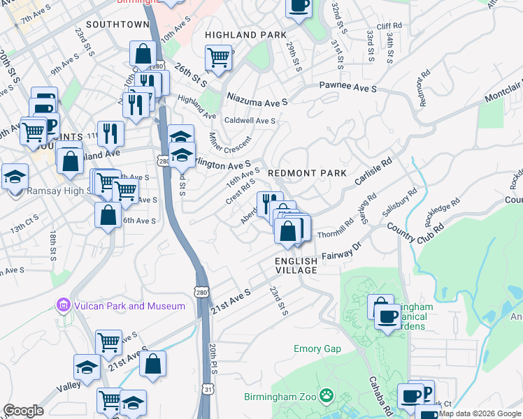 map of restaurants, bars, coffee shops, grocery stores, and more near 1601 Sterling Place South in Birmingham