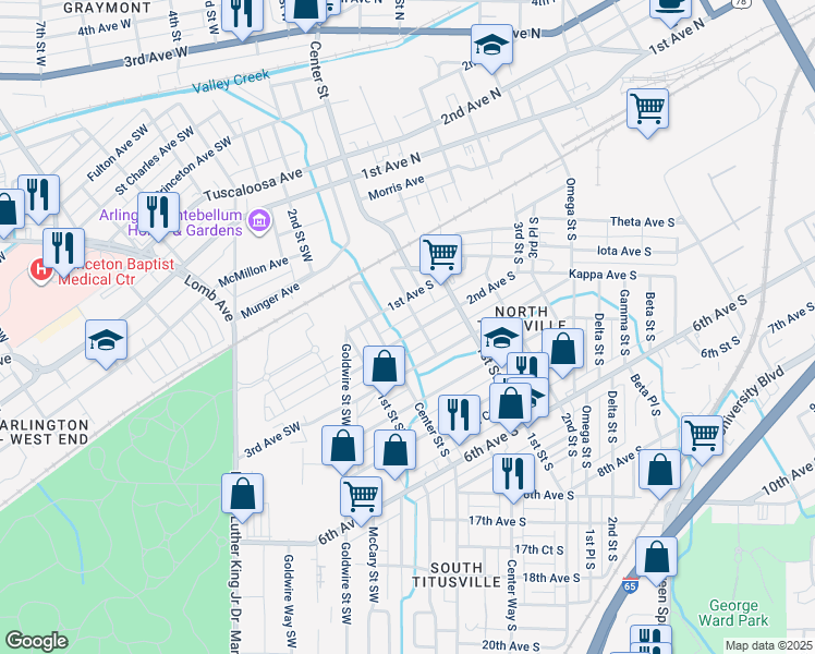 map of restaurants, bars, coffee shops, grocery stores, and more near 1 2nd Avenue South in Birmingham