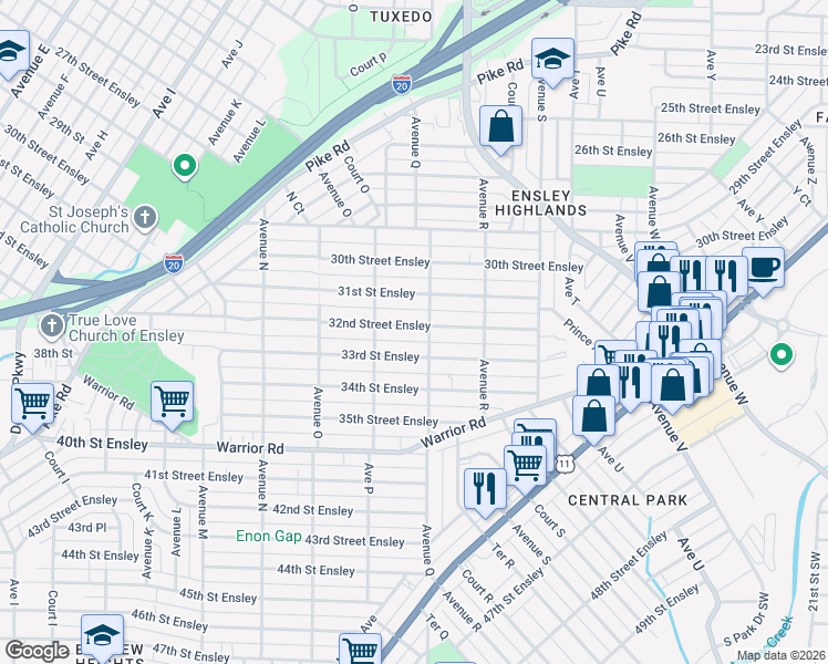 map of restaurants, bars, coffee shops, grocery stores, and more near 1644 33rd Street Ensley in Birmingham