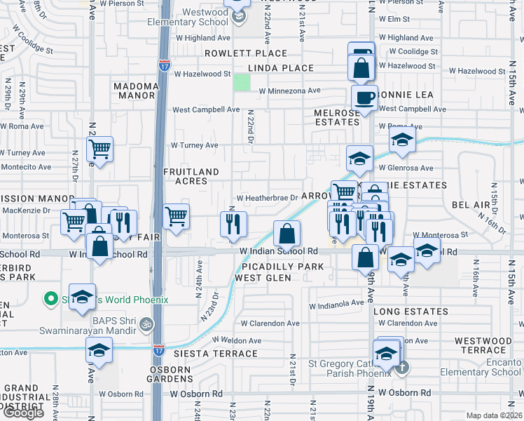 map of restaurants, bars, coffee shops, grocery stores, and more near 2210 West Devonshire Avenue in Phoenix