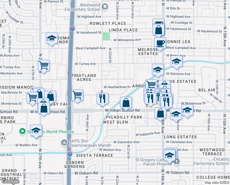 map of restaurants, bars, coffee shops, grocery stores, and more near 2210 West Devonshire Avenue in Phoenix
