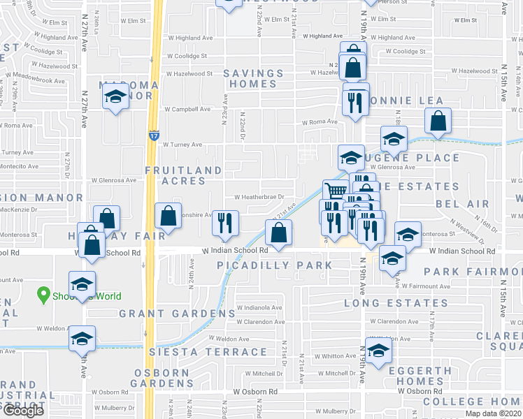 map of restaurants, bars, coffee shops, grocery stores, and more near 2202 West Devonshire Avenue in Phoenix