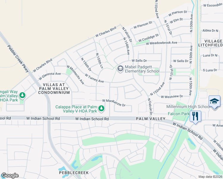 map of restaurants, bars, coffee shops, grocery stores, and more near 15482 West Glenrosa Avenue in Goodyear