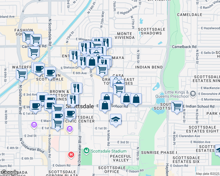 map of restaurants, bars, coffee shops, grocery stores, and more near 4140 North Miller Road in Scottsdale