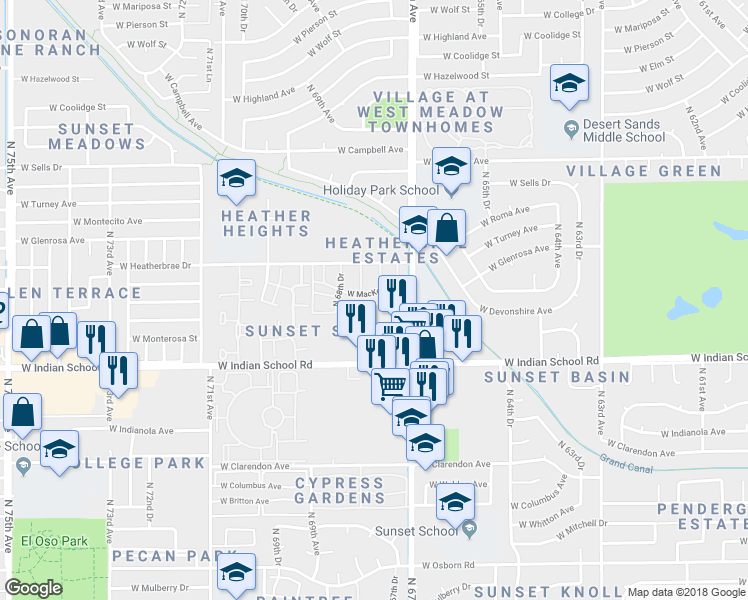 map of restaurants, bars, coffee shops, grocery stores, and more near 6750 West Devonshire Avenue in Phoenix