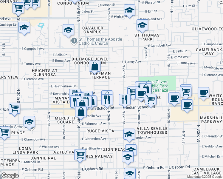 map of restaurants, bars, coffee shops, grocery stores, and more near 2545 East Devonshire Avenue in Phoenix