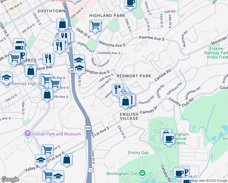 map of restaurants, bars, coffee shops, grocery stores, and more near 1601 Sterling Place South in Birmingham