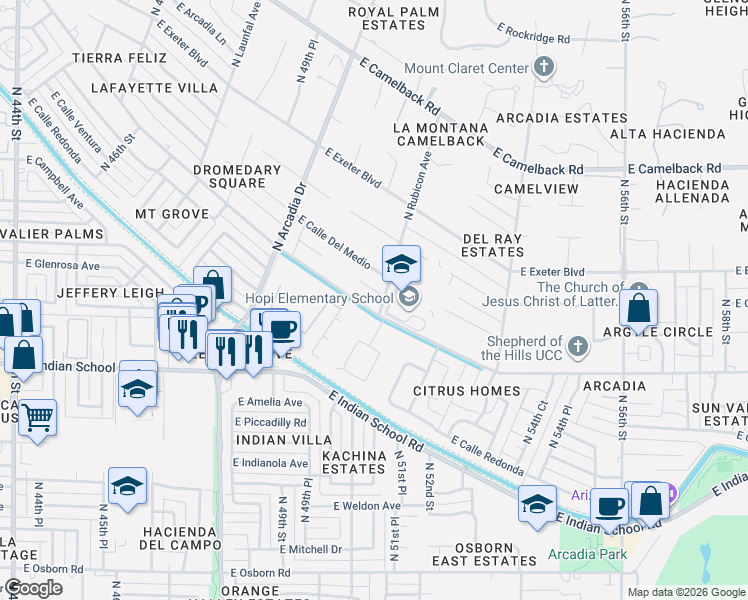 map of restaurants, bars, coffee shops, grocery stores, and more near 5050 East Lafayette Boulevard in Phoenix