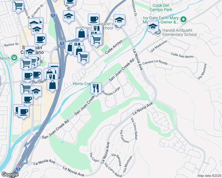 map of restaurants, bars, coffee shops, grocery stores, and more near 32045 Via Canela in San Juan Capistrano