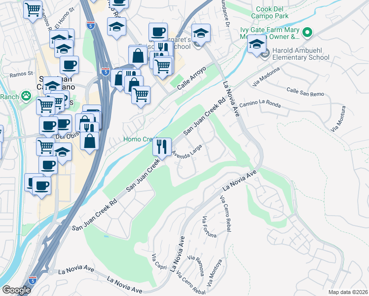 map of restaurants, bars, coffee shops, grocery stores, and more near 32045 Via Canela in San Juan Capistrano
