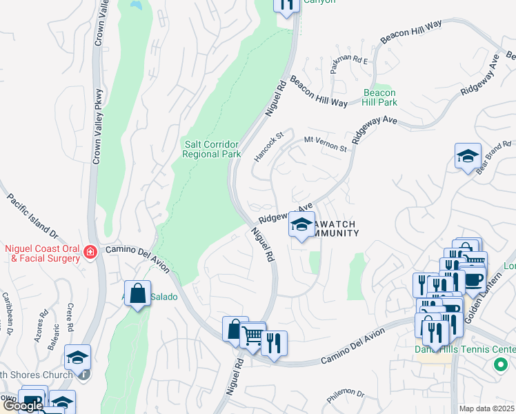 map of restaurants, bars, coffee shops, grocery stores, and more near 21 Campton Place in Laguna Niguel