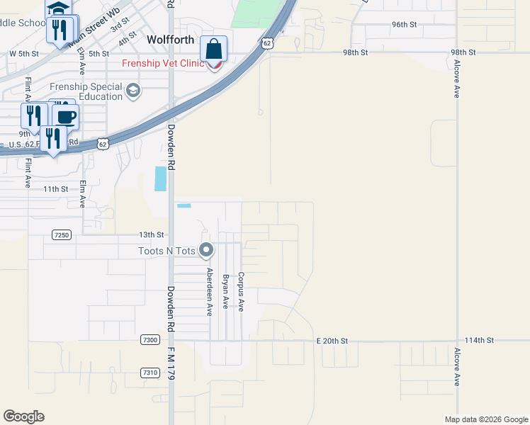 map of restaurants, bars, coffee shops, grocery stores, and more near 1313 Corpus Avenue in Wolfforth